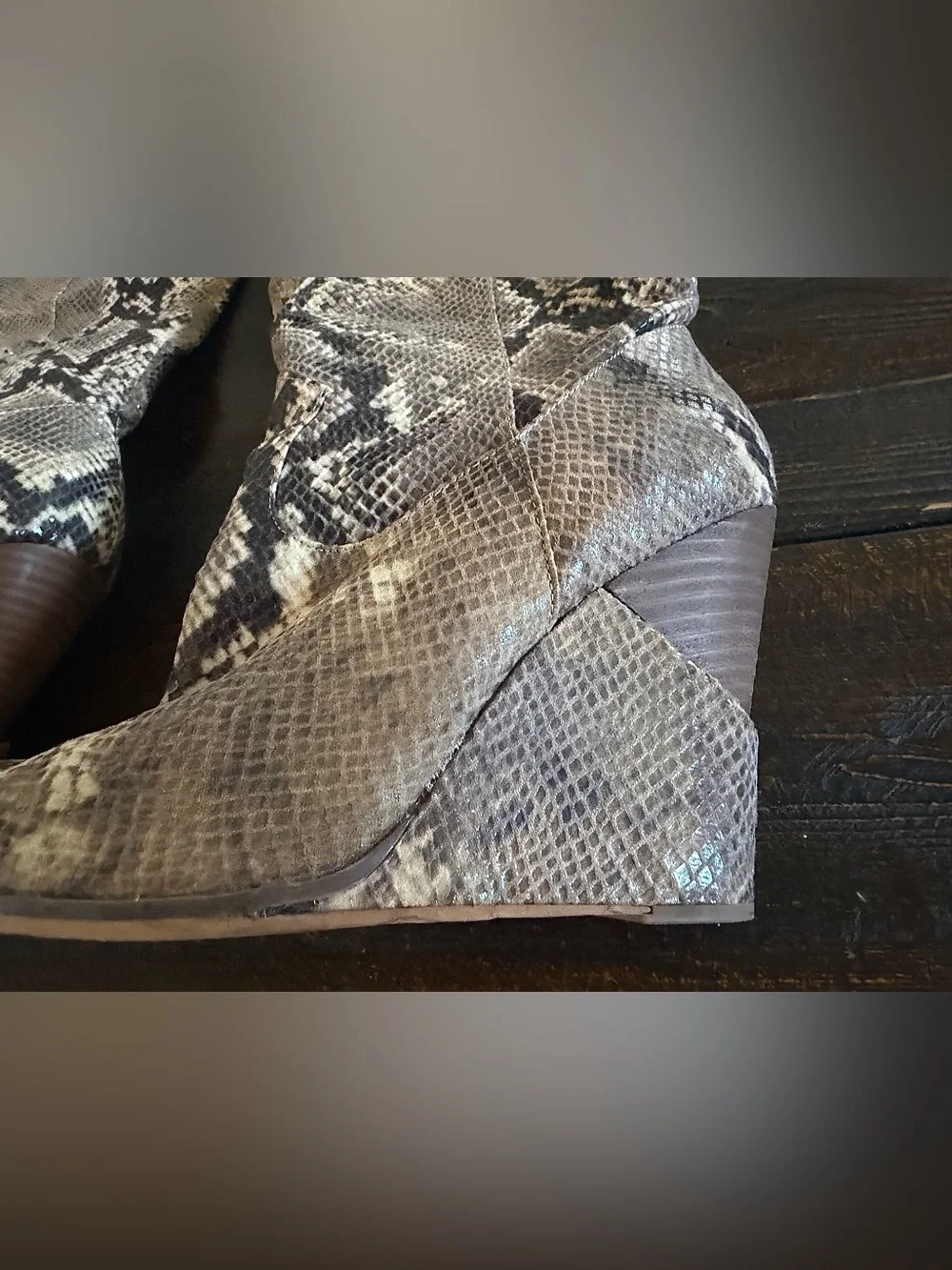 Jessica Simpson Havrie Knee High Snake Print Wedge Boots Totally Taupe 10M